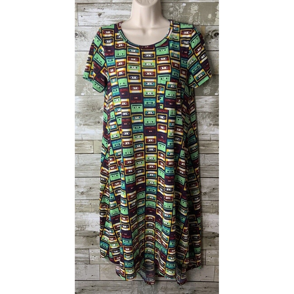 Lularoe Womens Cassette Print Short Sleeve Pocketed Hi-Lo Dress Size XS